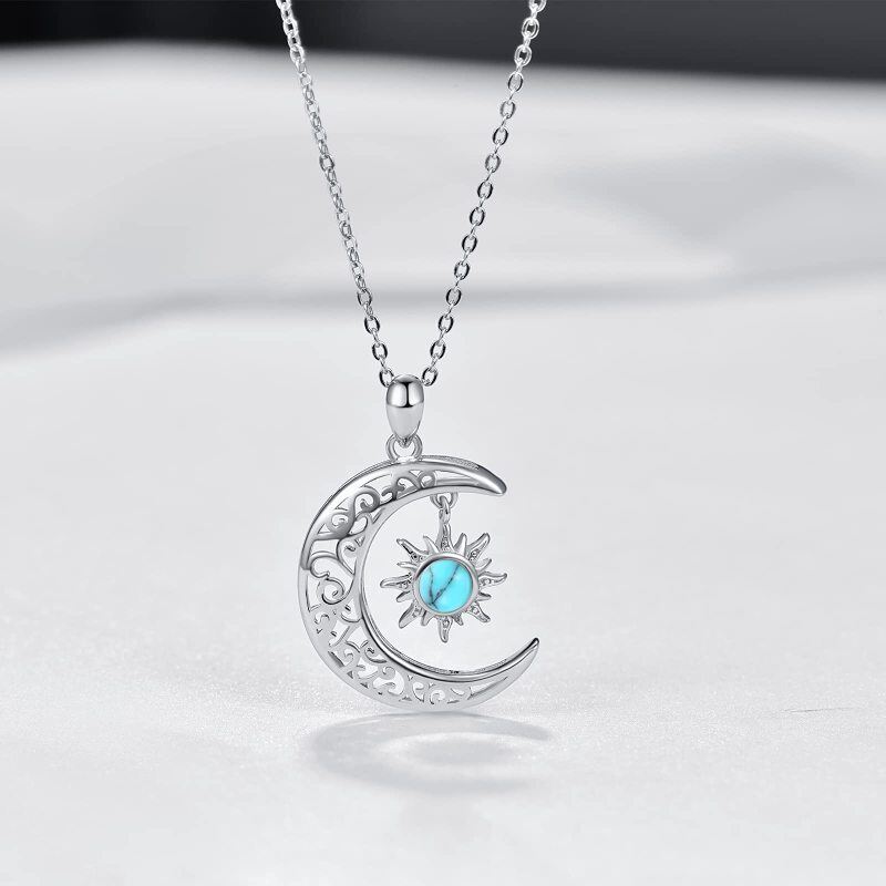 Collier pendentif lune et soleil en or blanc 10 carats et turquoise-4