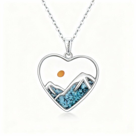 14K White Gold Turquoise Mountains & Sun Pendant Necklace