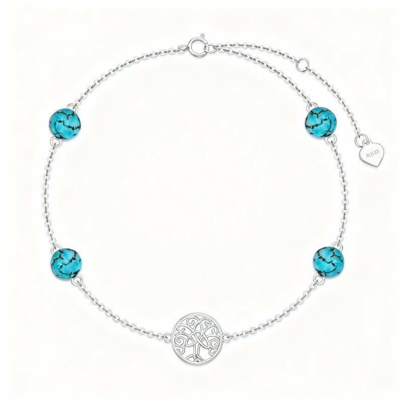 Pulsera con dije de árbol de la vida en oro blanco de 10 quilates y turquesa-18