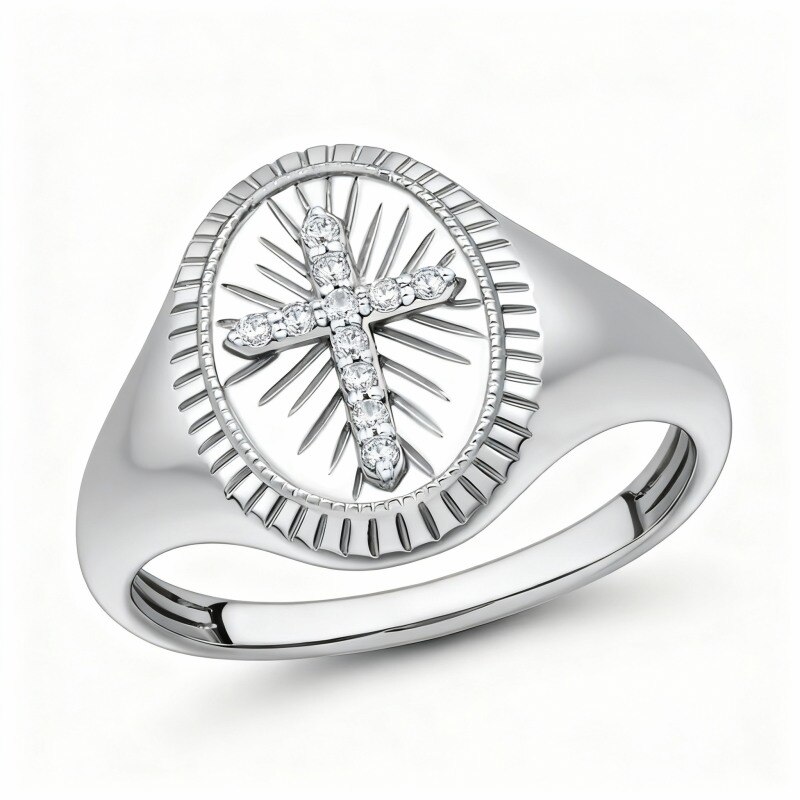 Bague chevalière personnalisée en or blanc 10 carats, sertie d'un diamant rond de moins de 0,25 carat, couleur I, pureté 3EX.-19
