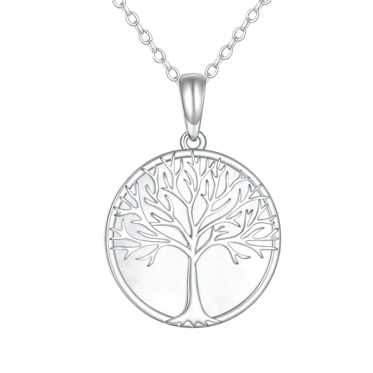 Collar con colgante del Árbol de la Vida en oro blanco de 10 quilates y concha blanca.