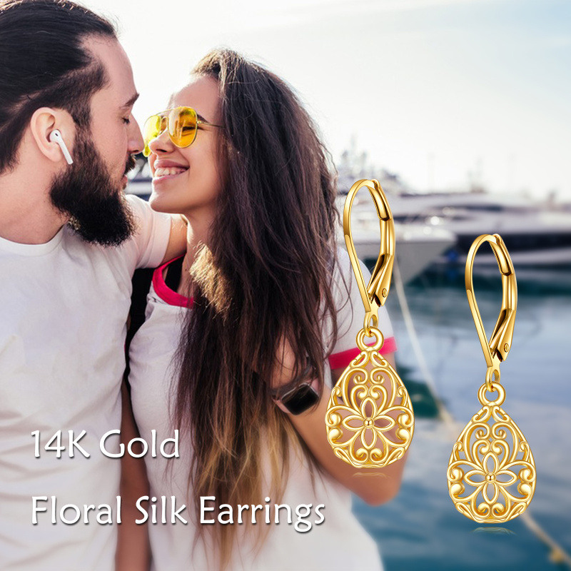 Boucles d'oreilles pendantes à fermoir à levier en or 14 carats avec fleurs pour femmes-6