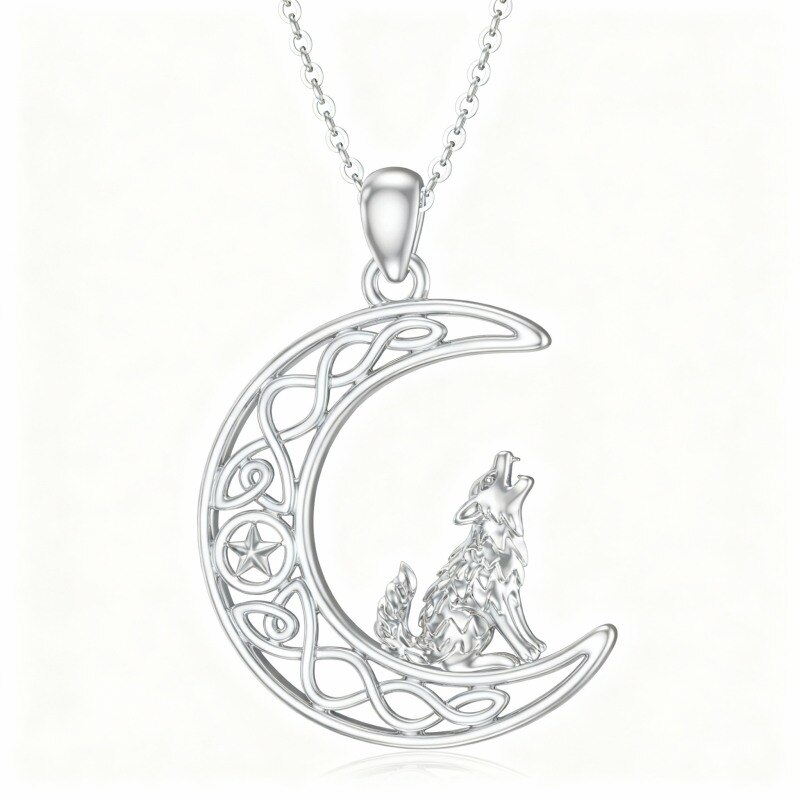 Collar con colgante de lobo, nudo celta, luna y estrella en oro blanco de 10 quilates-1