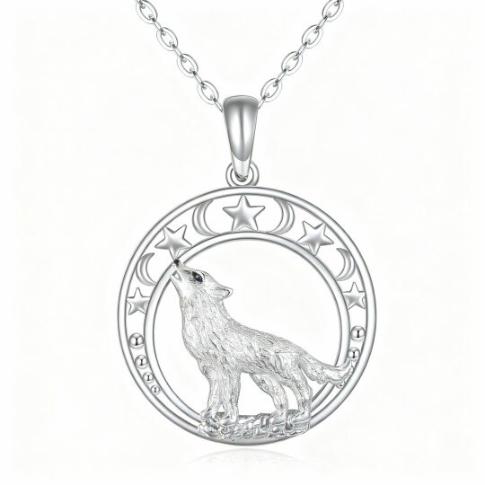 Collier pendentif loup, lune et étoile en or blanc 10 carats