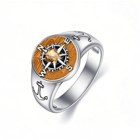 10K White Gold Yellow Crystal Anchor & Compass Personalized Engraving Ring For Men