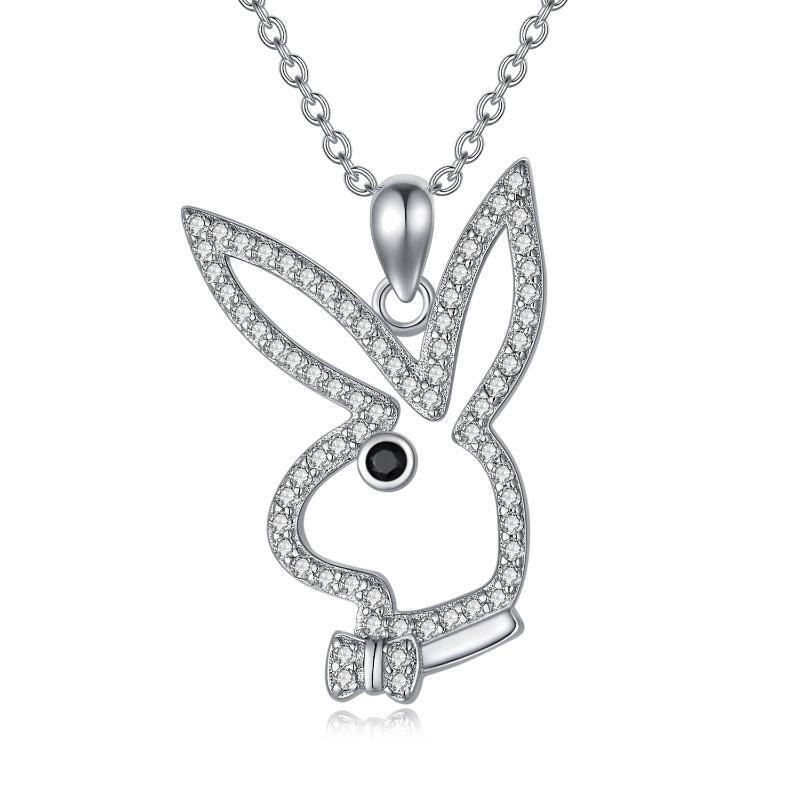 Sterling Silver Cubic Zirconia Rabbit & Bow Pendant Necklace-1