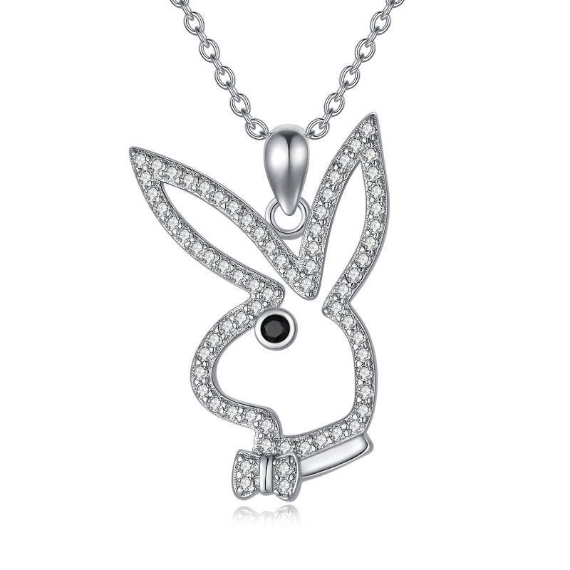 Sterling Silver Cubic Zirconia Rabbit & Bow Pendant Necklace-4