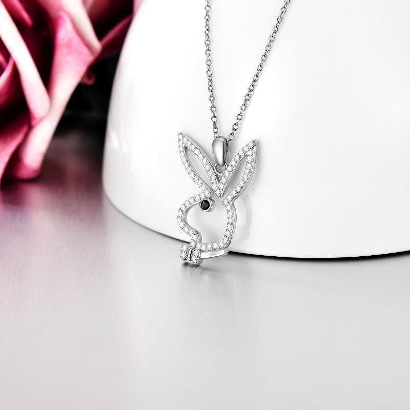 Sterling Silver Cubic Zirconia Rabbit & Bow Pendant Necklace-4