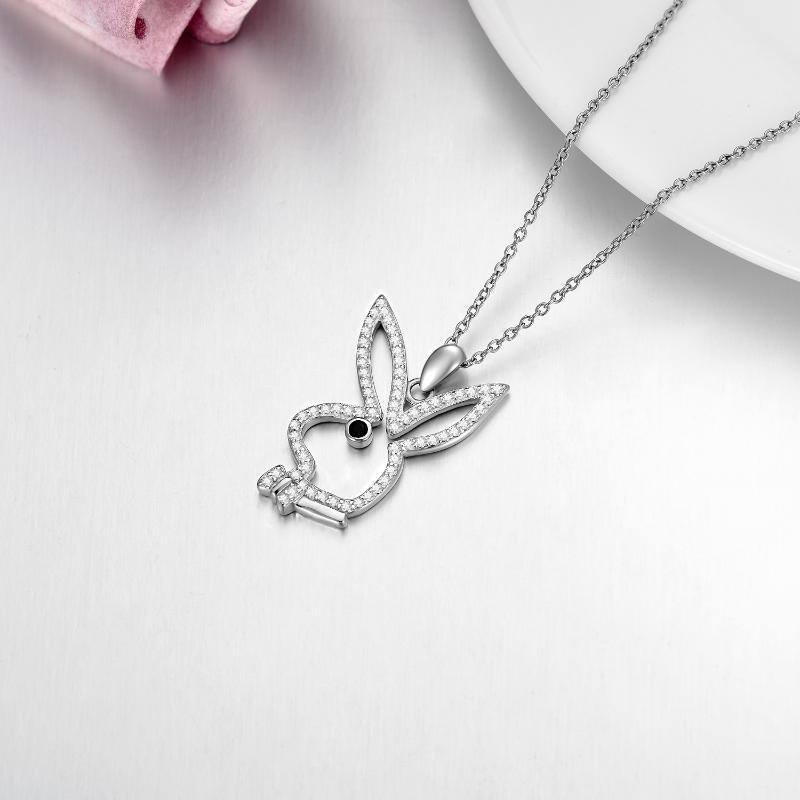 Sterling Silver Cubic Zirconia Rabbit & Bow Pendant Necklace-5