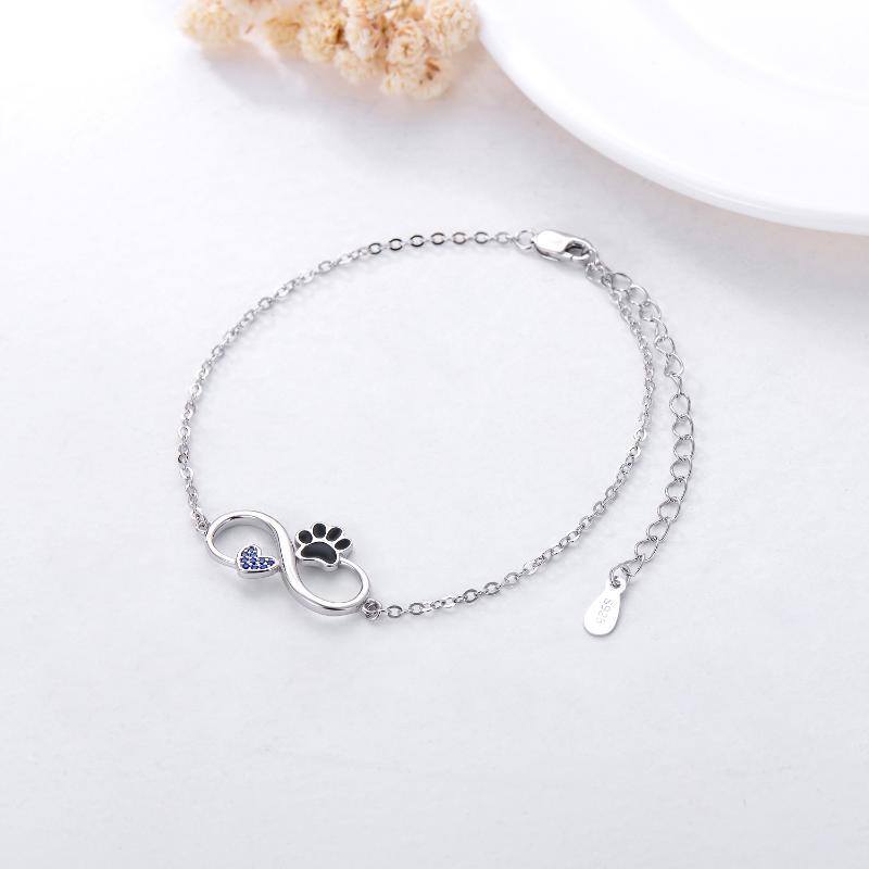 Sterling Silver Cubic Zirconia Paw & Heart & Infinity Symbol Charm Bracelet-3