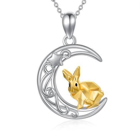 Collier pendentif bicolore en argent sterling avec motif lapin et lune