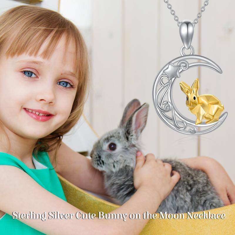 Sterling Silver Two-tone Rabbit & Moon Pendant Necklace-6