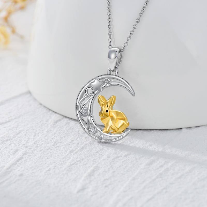 Sterling Silver Two-tone Rabbit & Moon Pendant Necklace-3