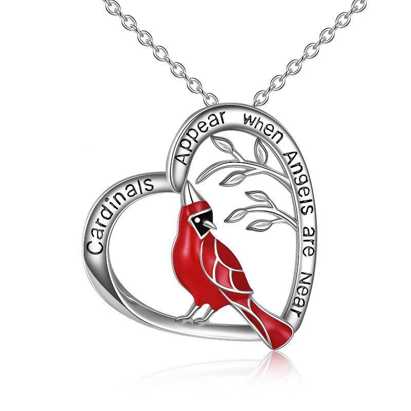 Sterling Silver Cardinal & Heart Pendant Necklace with Engraved Word-1