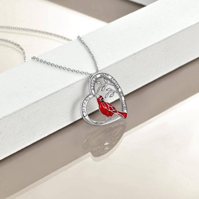 Sterling Silver Cardinal & Heart Pendant Necklace with Engraved Word-3