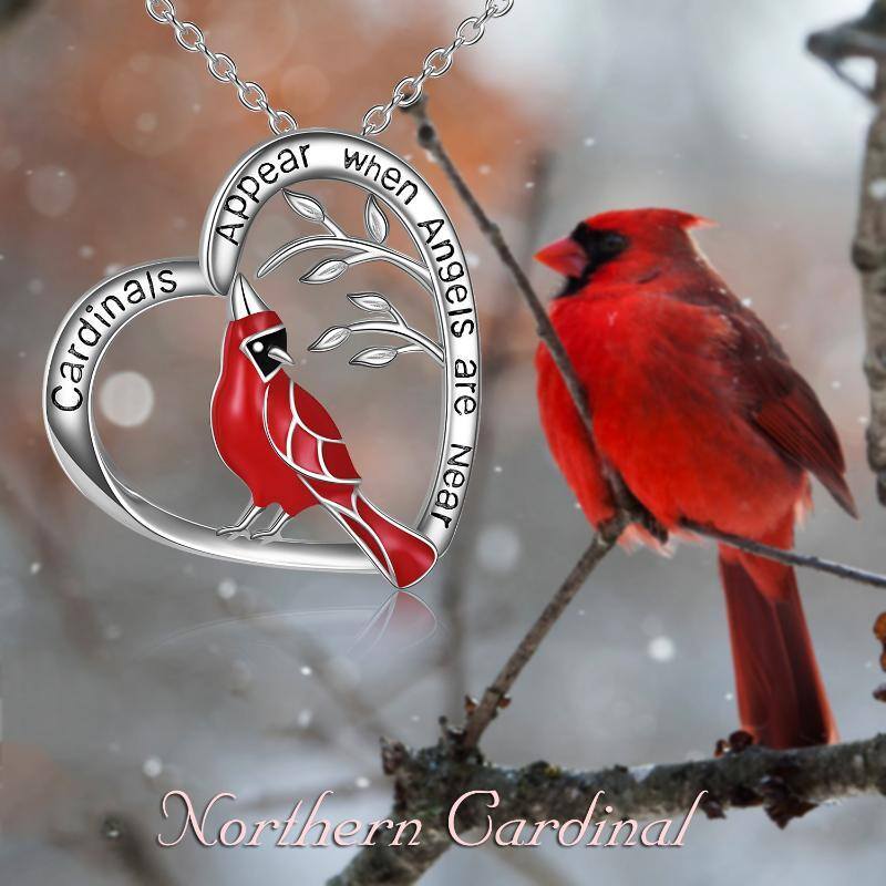 Sterling Silver Cardinal & Heart Pendant Necklace with Engraved Word-6