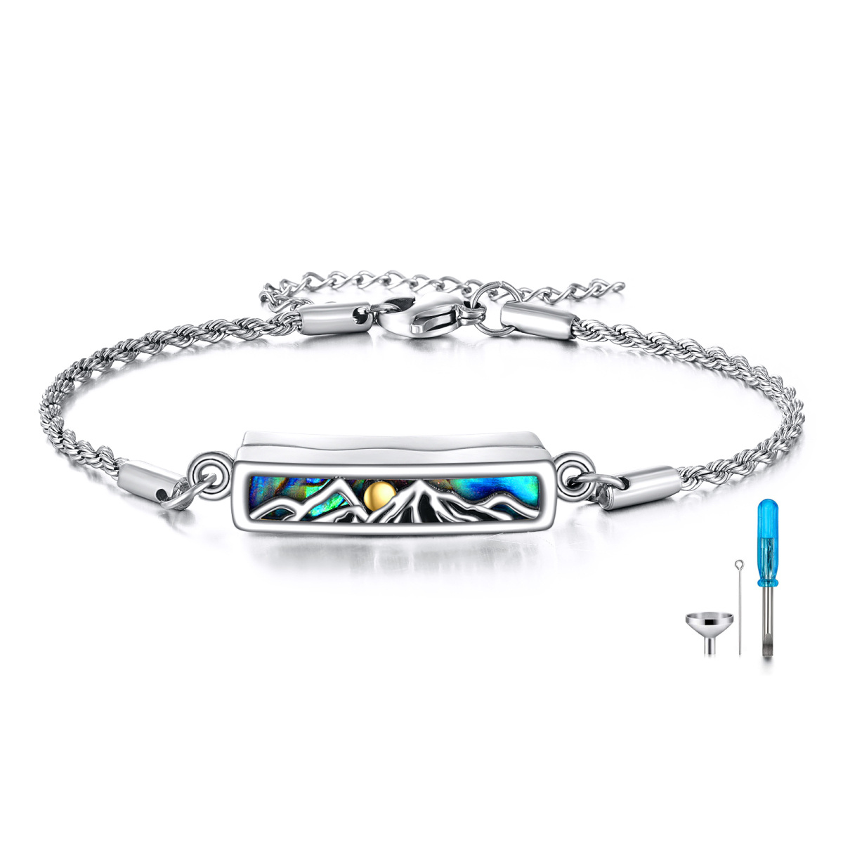 Bracciale con urna solare in argento sterling con abalone e montagne di crostacei per ceneri