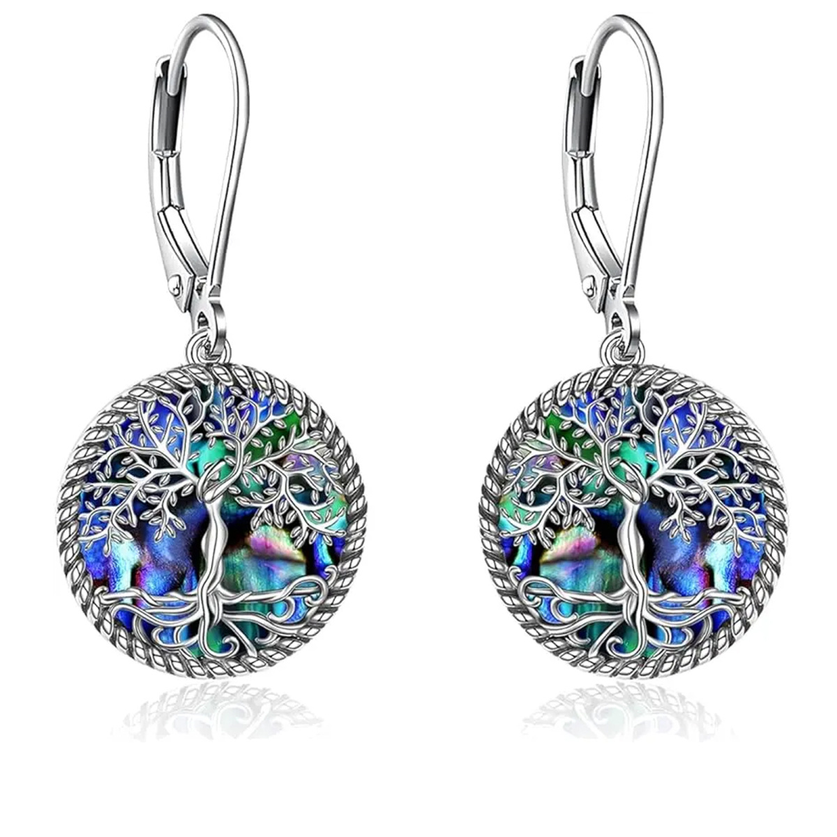 Retro Silver Abalone Shellfish Tree Of Life Lever-back Earrings-1