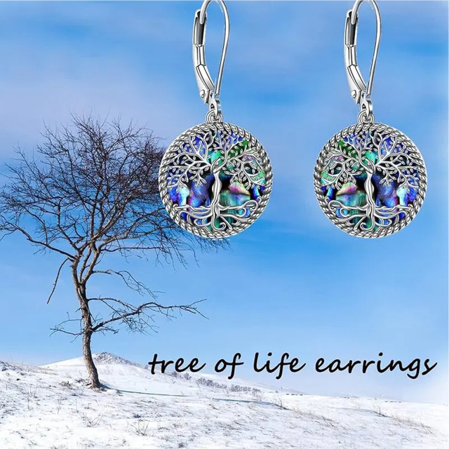 Retro Silver Abalone Shellfish Tree Of Life Lever-back Earrings-4