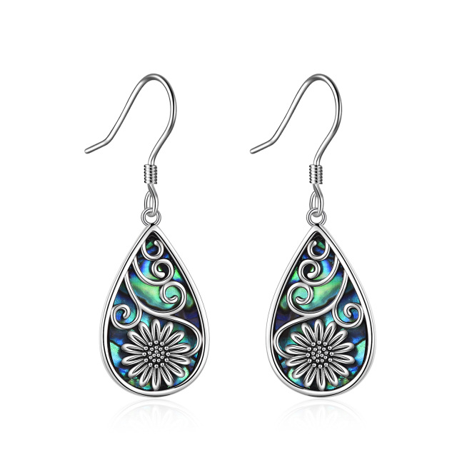 Retro Silver Pear Abalone Shellfish Sunflower Drop Earrings In Sterling Silver-1