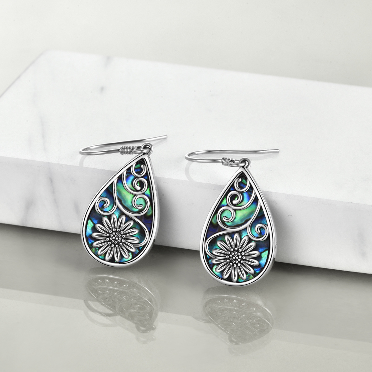 Retro Silver Pear Abalone Shellfish Sunflower Drop Earrings In Sterling Silver-3