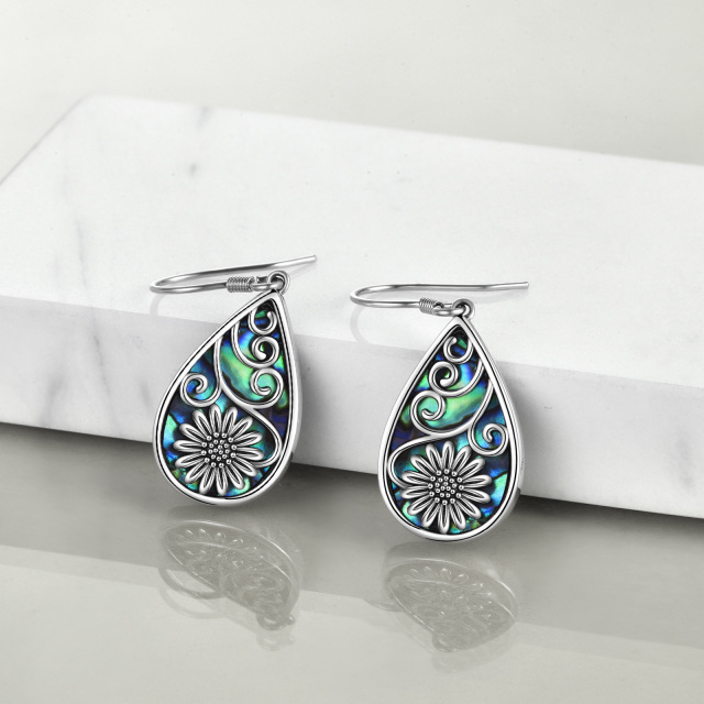 Retro Silver Pear Abalone Shellfish Sunflower Drop Earrings In Sterling Silver-3