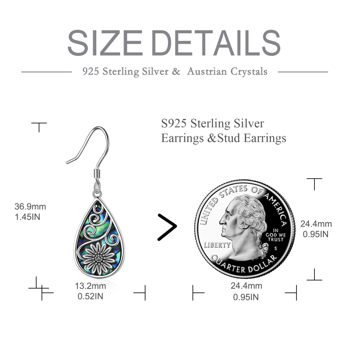 Retro Silver Pear Abalone Shellfish Sunflower Drop Earrings In Sterling Silver-5