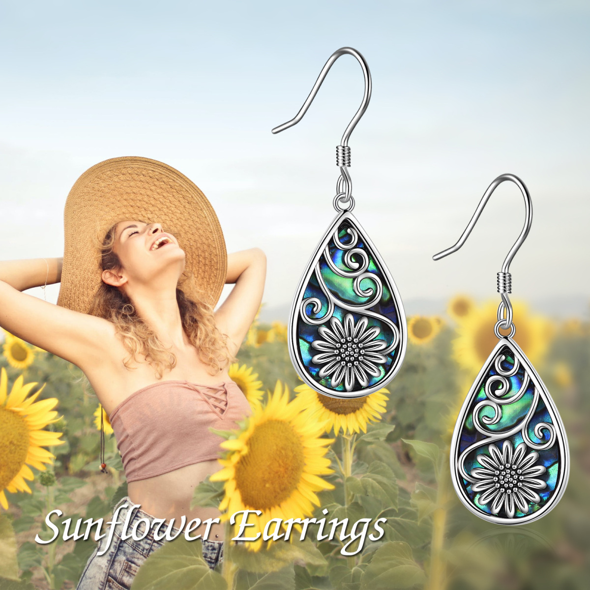 Pendientes colgantes retro de plata de ley con forma de pera, abulón, mariscos y girasol-6