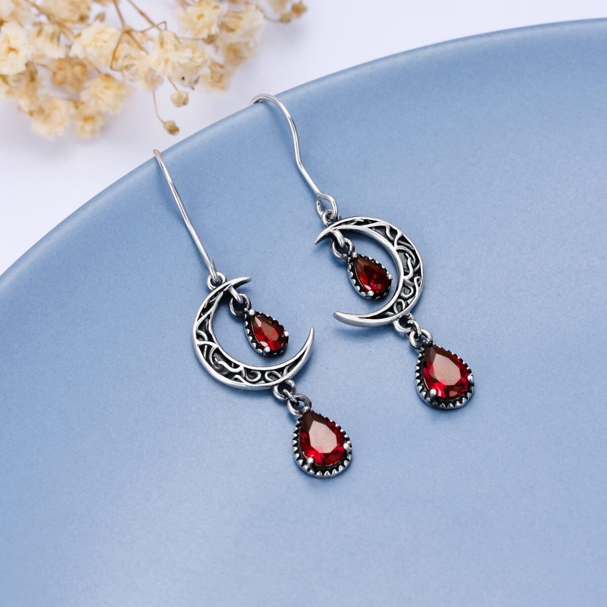 Boucles d'oreilles pendantes rétro en argent sterling avec motif de lune en forme de poire et oxyde de zirconium-3