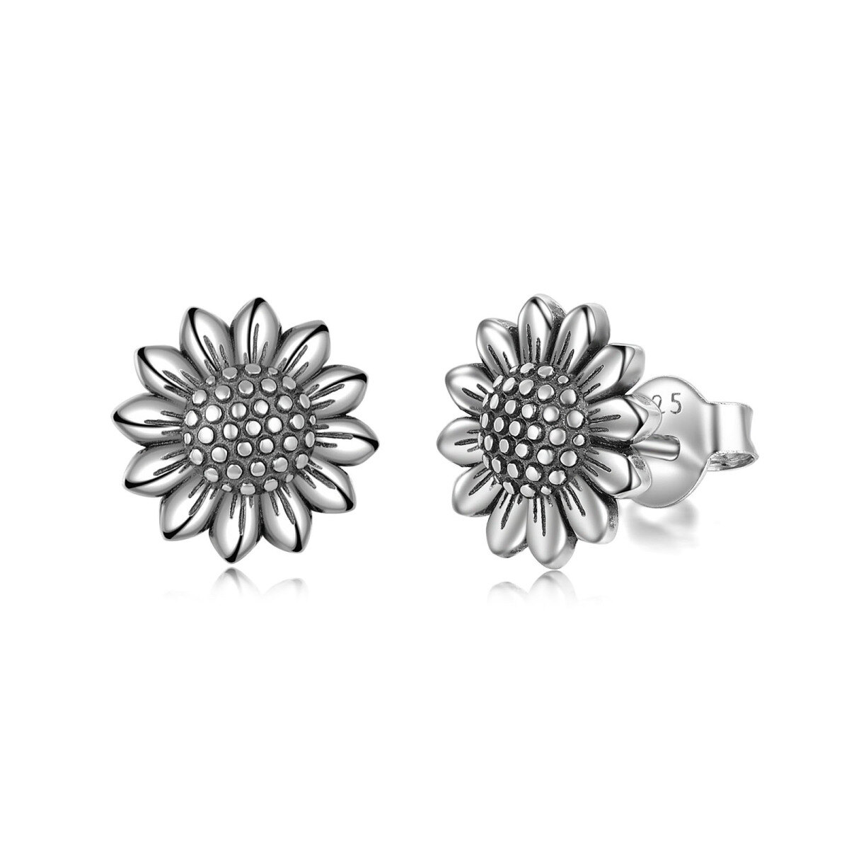 Retro Silver Sunflower Stud Earrings In Sterling Silver