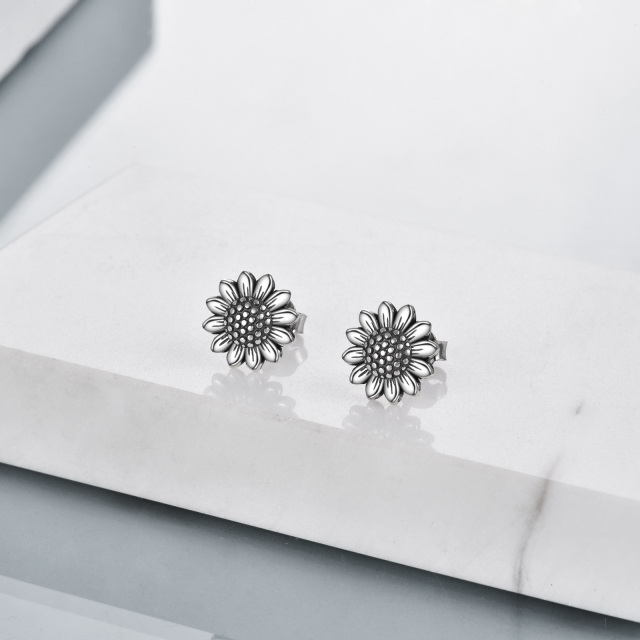 Retro Silver Sunflower Stud Earrings In Sterling Silver-3