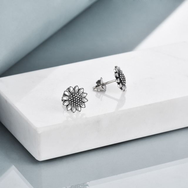 Retro Silver Sunflower Stud Earrings In Sterling Silver-4