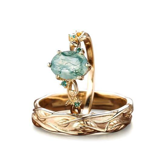 Anillos para Pareja de Oro de 14 Quilates con Ágata Musgo Cortada en Forma Oval y Diseño de Hiedra