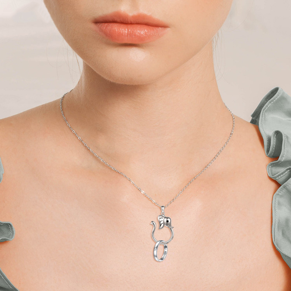 Colar de suporte de anel de elefante de prata esterlina para mulheres e homens-2