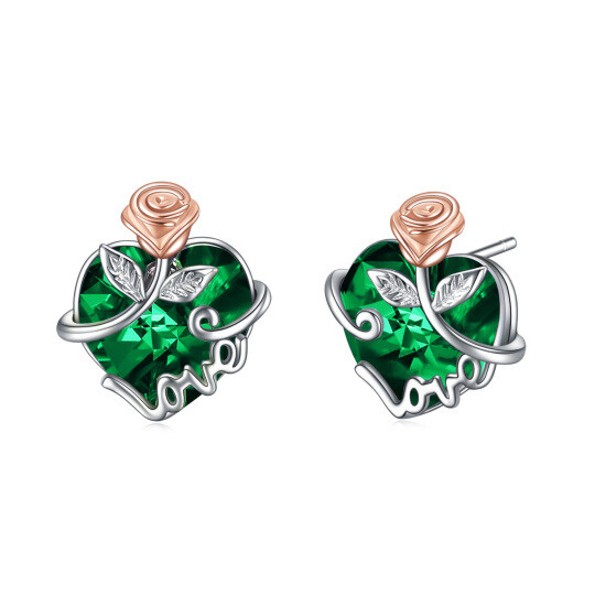 Sterling Silver Two-tone Heart Shaped Crystal Rose & Heart Stud Earrings