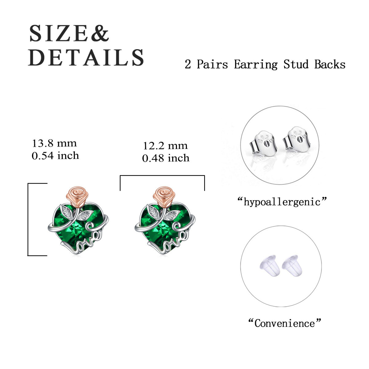 Sterling Silver Two-tone Heart Shaped Crystal Rose & Heart Stud Earrings-5