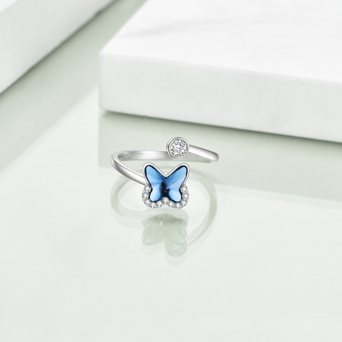 Sterling Silver Crystal & Zircon Butterfly Open Ring-3