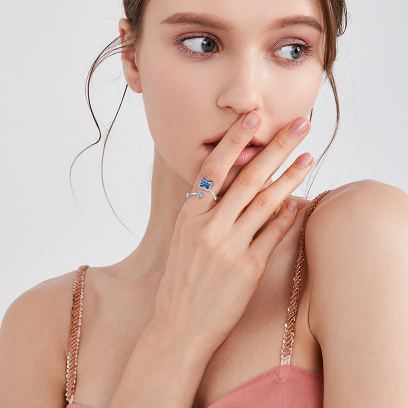 Sterling Zilveren Kristal Zirkoon Vlinder Open Ring-2