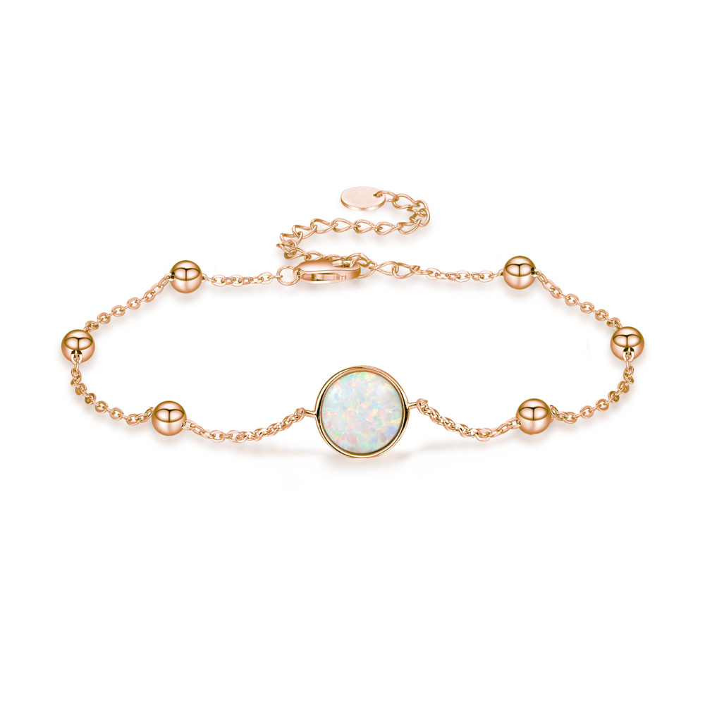 Sterling Silver with Rose Gold Plated Opal Round Charm Bracelet-1