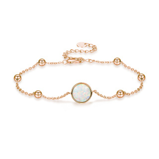 Sterling Silver with Rose Gold Plated Opal Round Charm Bracelet-42