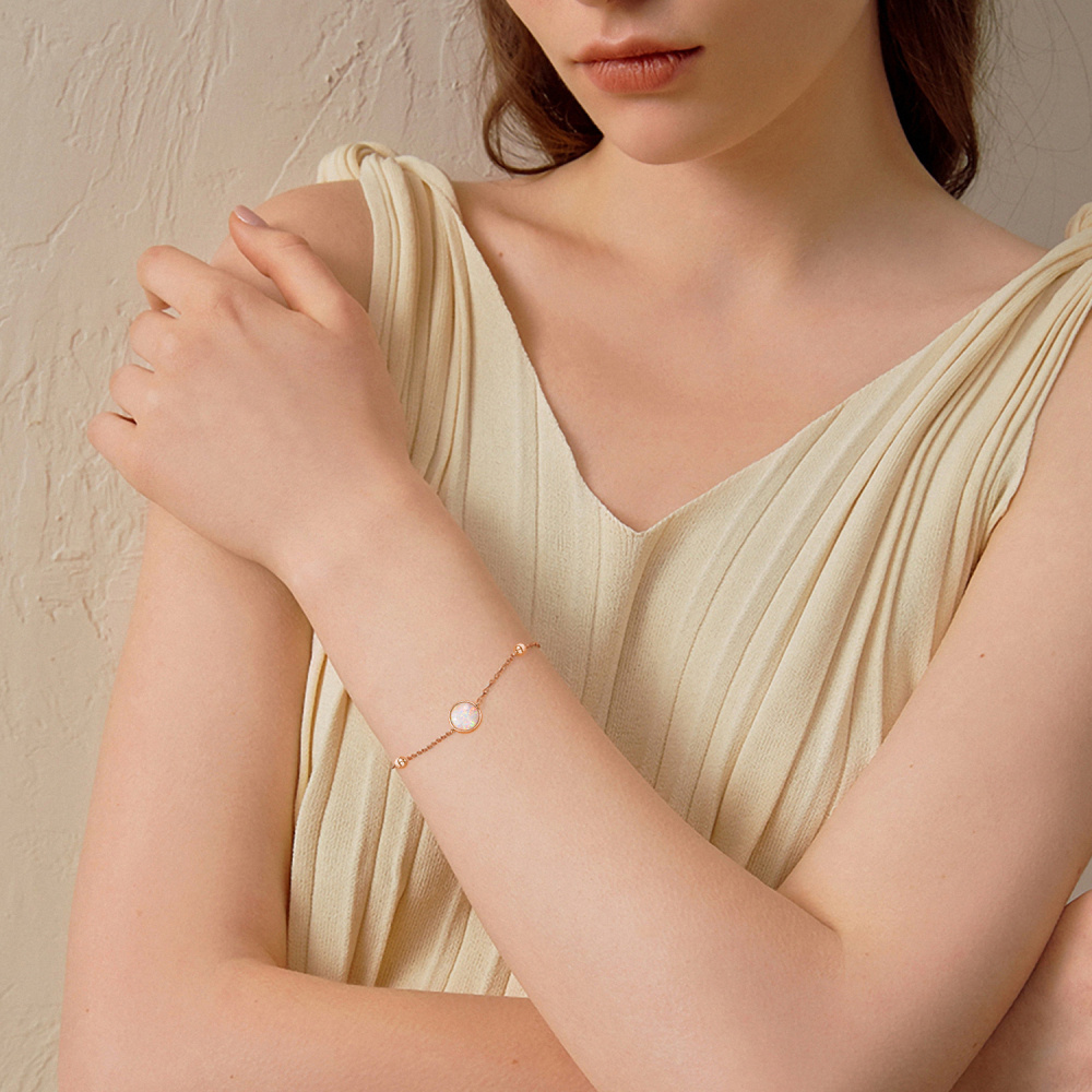 Sterling Silver with Rose Gold Plated Opal Round Charm Bracelet-2
