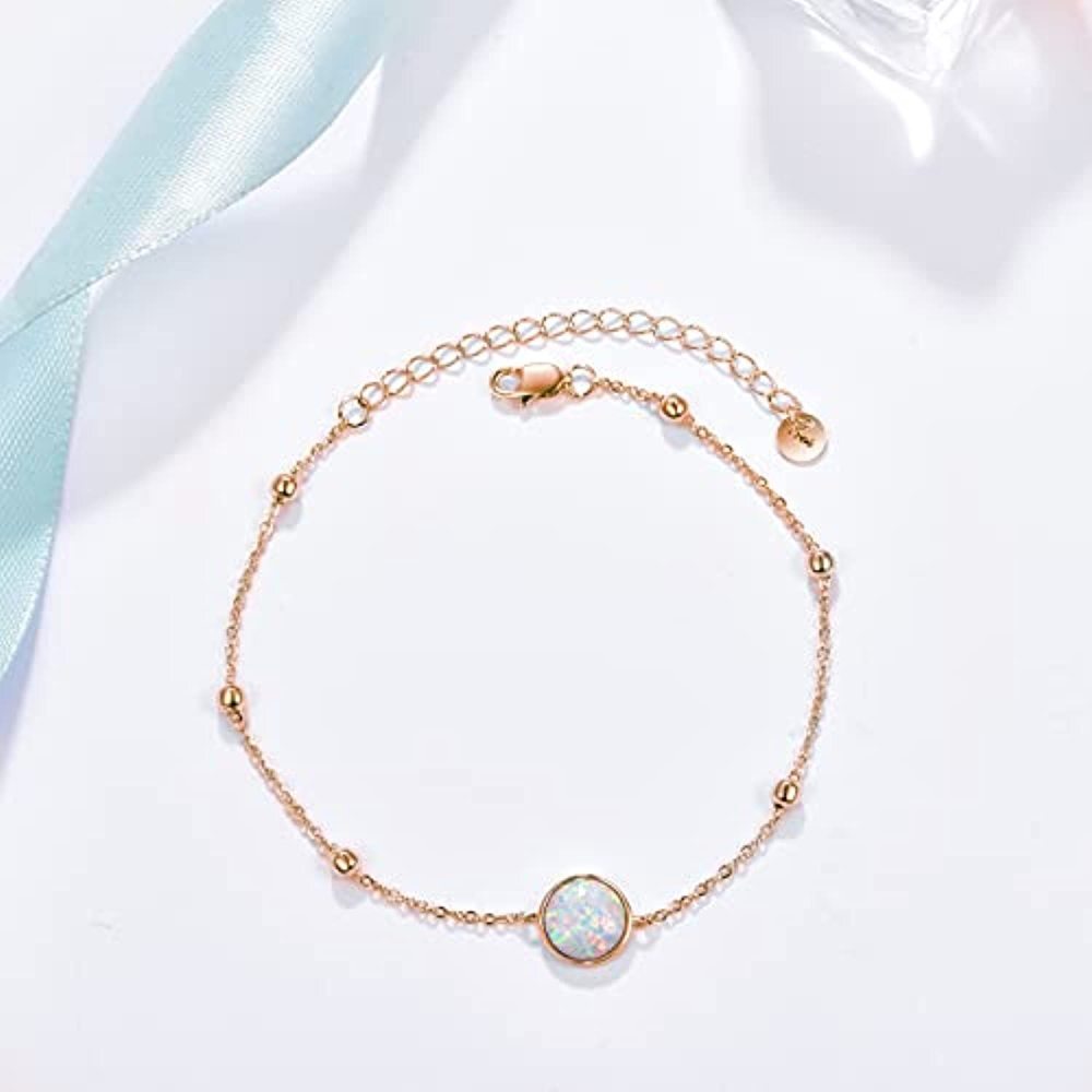 Sterling Silver with Rose Gold Plated Opal Round Charm Bracelet-5