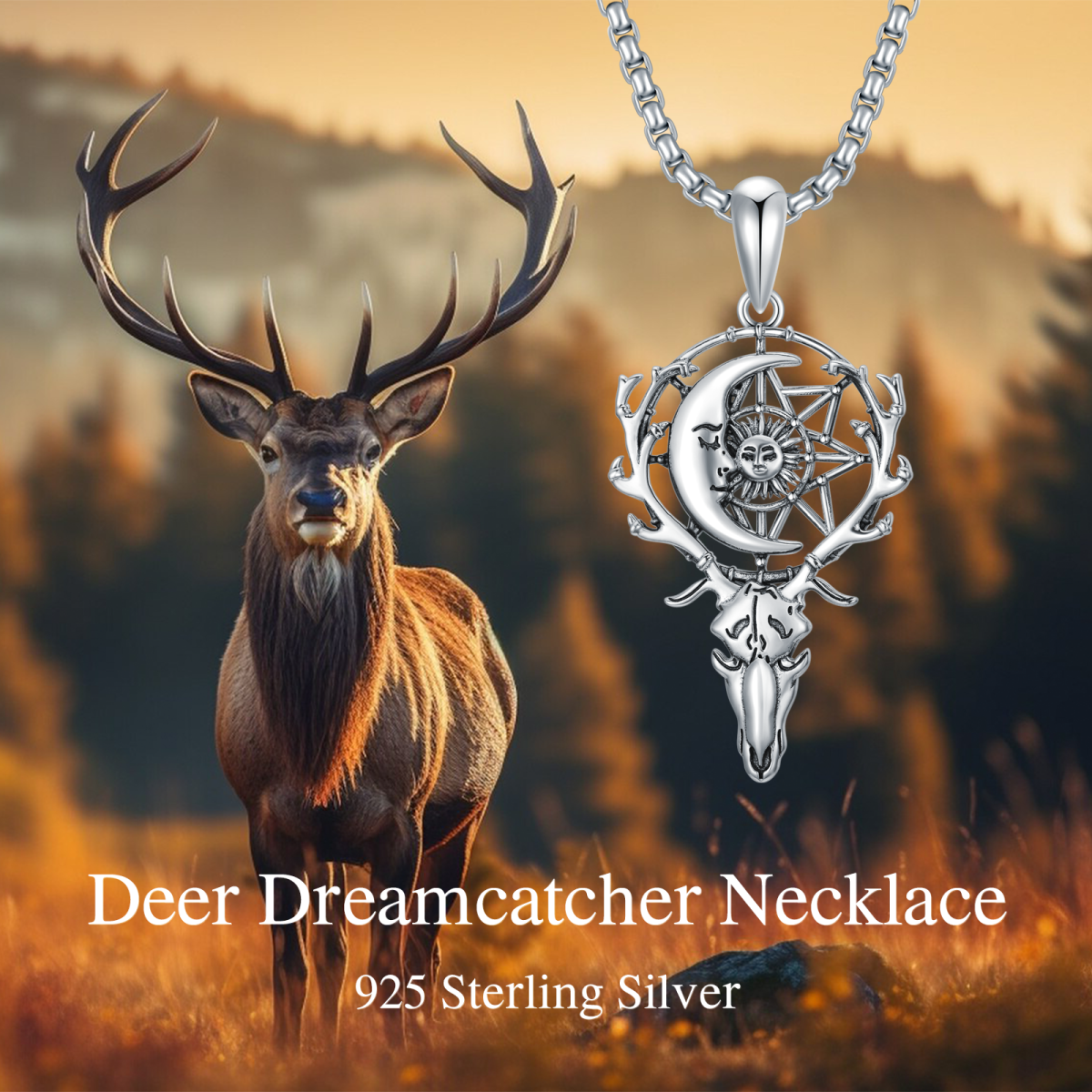 S925 Deer Antler Skull Necklace Sun and Moon Dream Catcher Boho Jewelry Gifts Unisex 22"-3