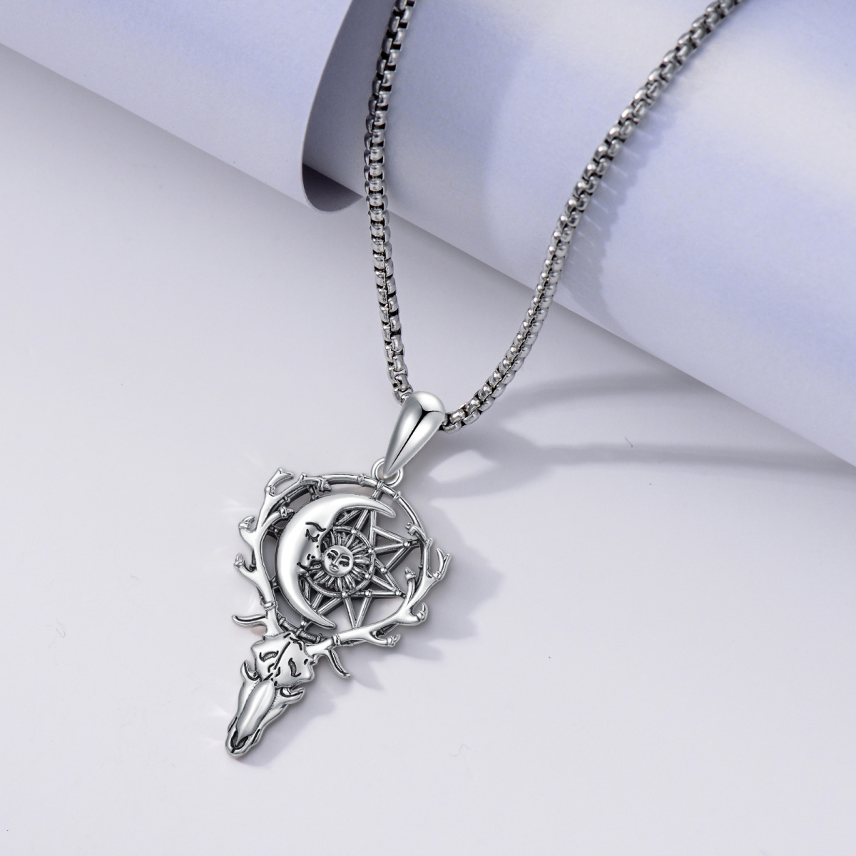 S925 Hirschgeweih Totenkopf Halskette Sonne und Mond Traumfänger Boho Schmuck Geschenke Unisex 22-5