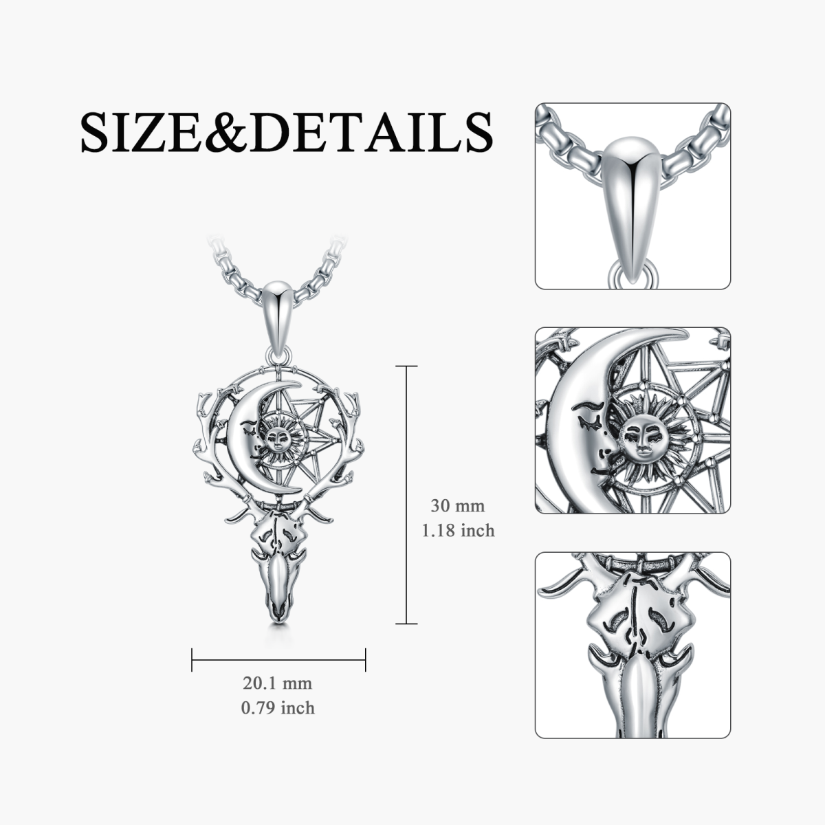 S925 Naszyjnik z czaszką z poroża jelenia Słońce i księżyc Łapacz snów Boho Biżuteria Prezenty Unisex 22-6