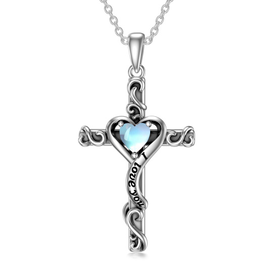 Collar de plata de ley con corazón grabado en cruz de hiedra y piedra lunar para mujeres y hombres