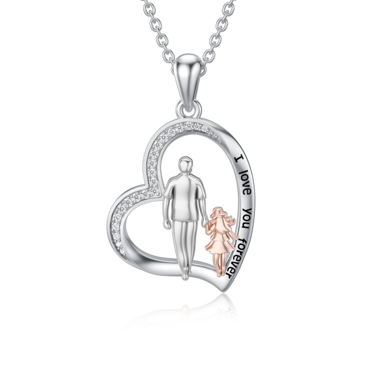 Sterling Silver Two-tone Cubic Zirconia Father & Daughter & Heart Pendant Necklace with Engraved Word-1