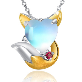 Sterling Silver Two-tone Heart Shaped Moonstone Fox Pendant Necklace-47