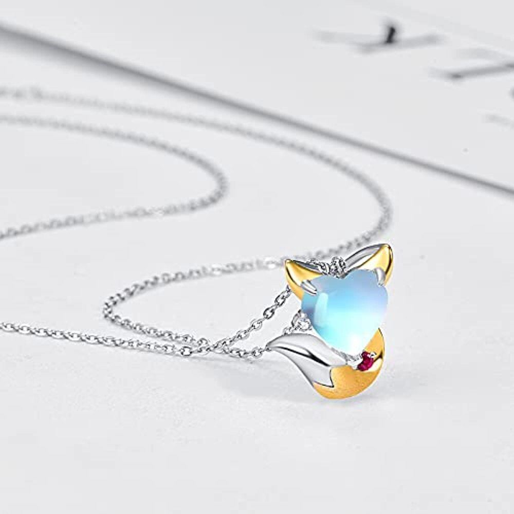 Sterling Silver Two-tone Heart Shaped Moonstone Fox Pendant Necklace-4