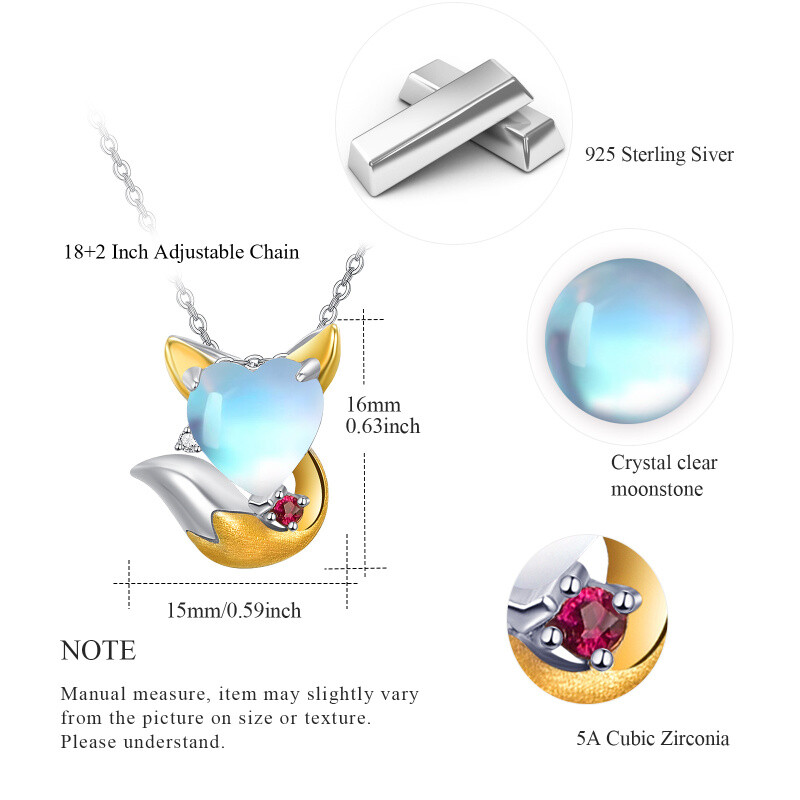 Sterling Silver Two-tone Heart Shaped Moonstone Fox Pendant Necklace-5